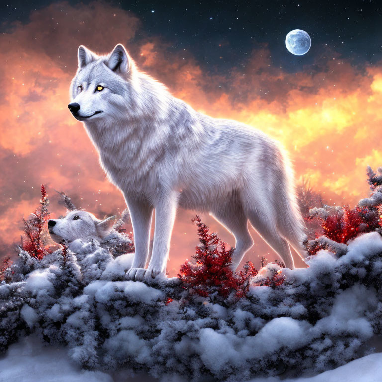 Pair of wolves in snowy forest under twilight sky with crescent moon