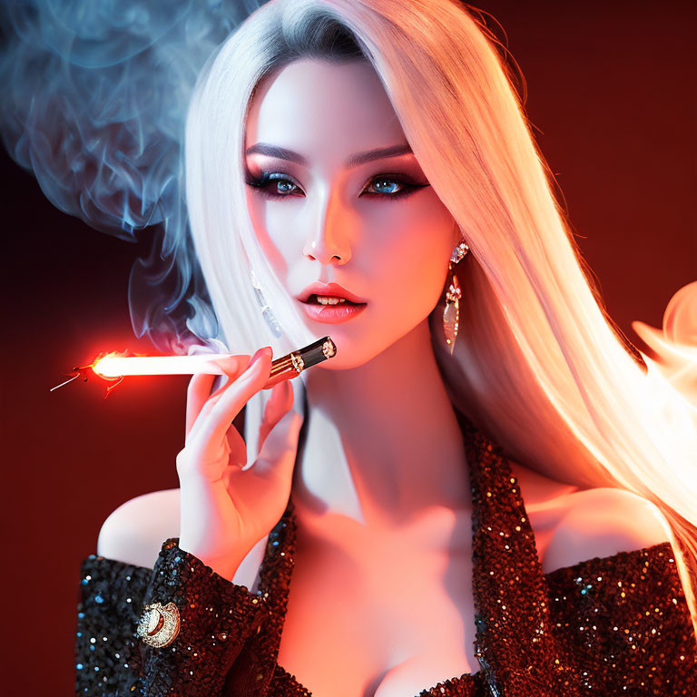 Platinum Blonde Woman Smoking Cigarette on Red Background