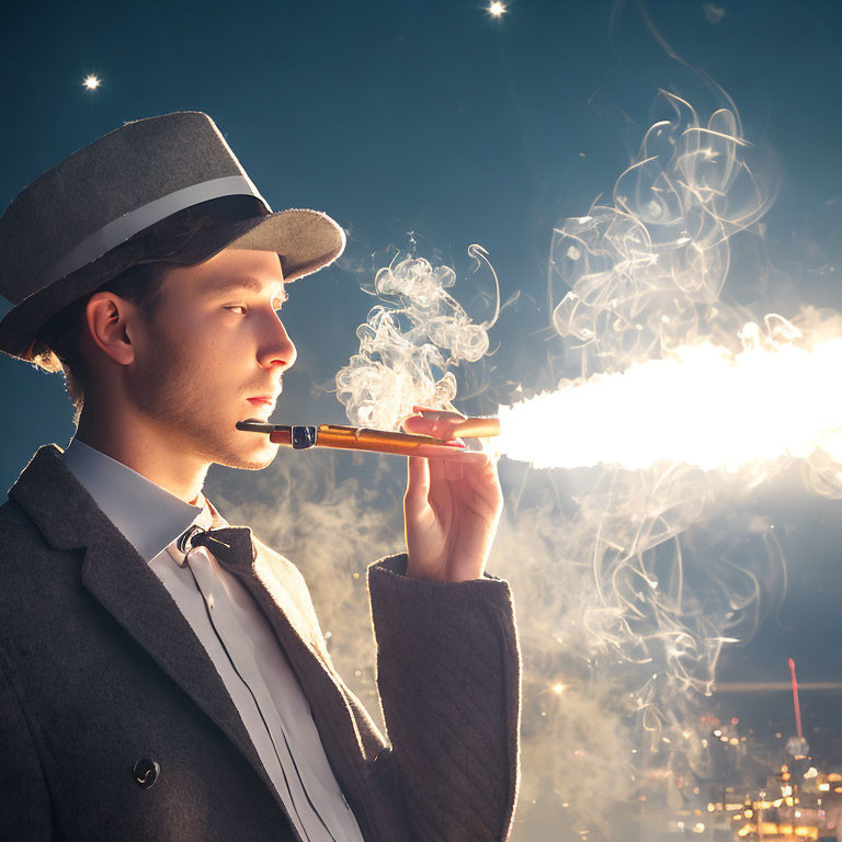 Man in Fedora and Suit Holding Exaggerated Smoking Cigar