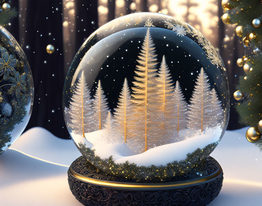 Snow globe with serene winter scene and Christmas tree.