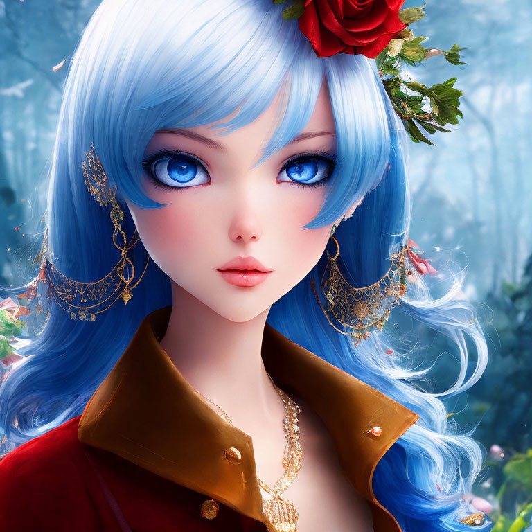 Digital Artwork: Female Character with Blue Hair and Red Flower in Mystical Forest