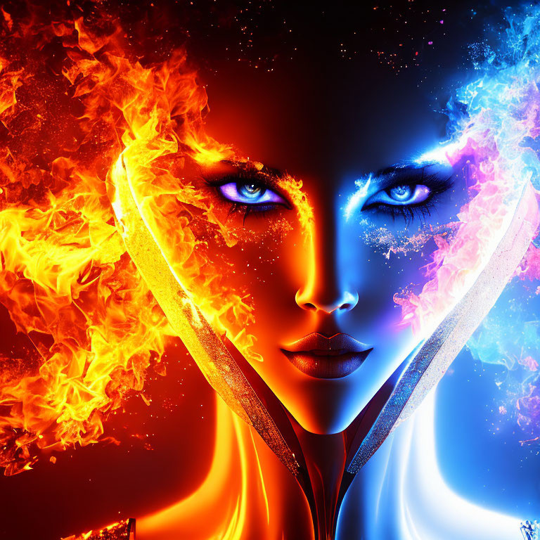 Digital artwork: Woman's face split in fiery flames and cool cosmic blues.