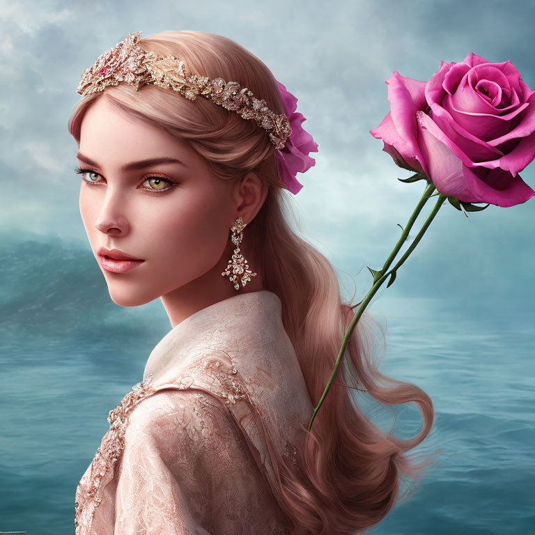 Digital Artwork: Woman with Green Eyes, Floral Tiara, Rose, Clouded Sky