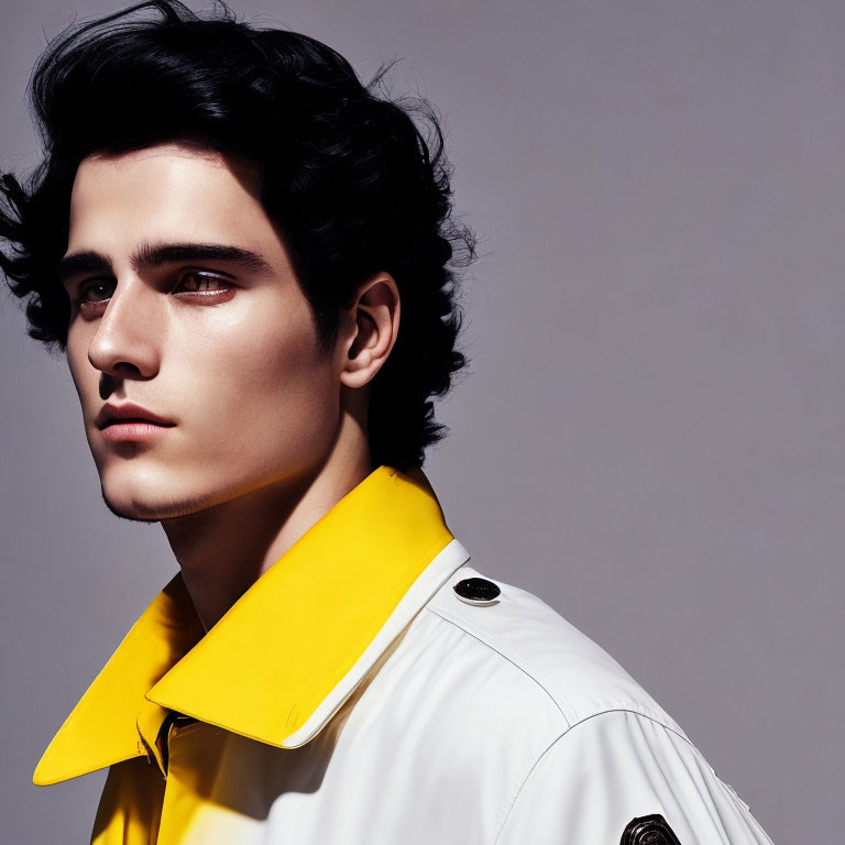 Dark-Haired Young Man in Stylish White and Yellow Jacket