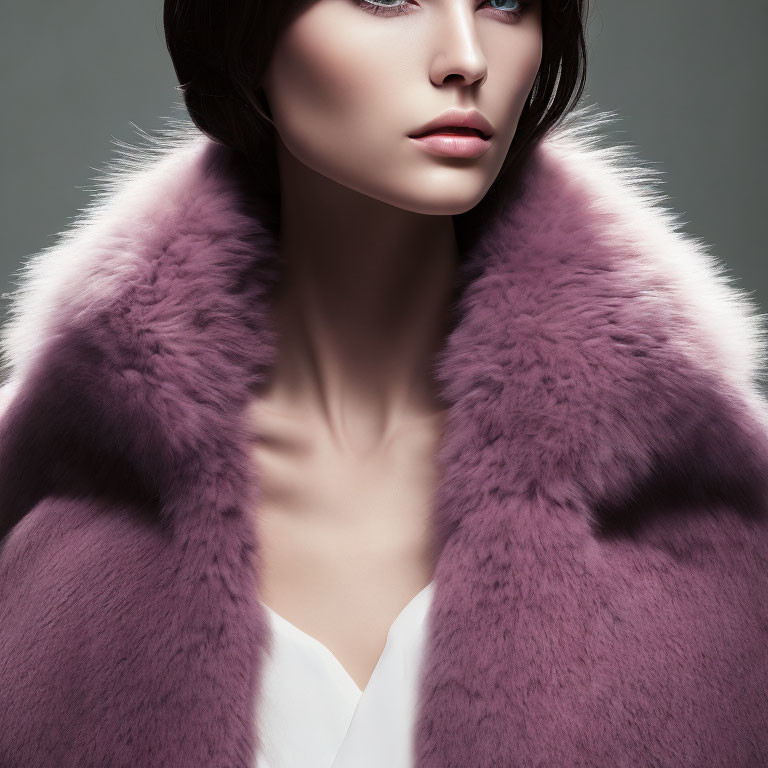 Dark-haired woman in white top and purple fur coat with voluminous collar, looking sideways with bold makeup