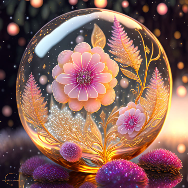 Luminescent glass orb with blooming flowers and foliage on dark bokeh backdrop