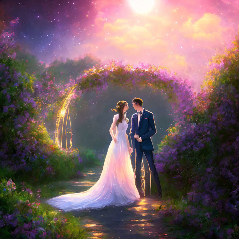 Romantic wedding couple holding hands under starry sunset sky