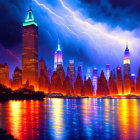 City skyline at night with stormy sky and lightning bolts reflected in water