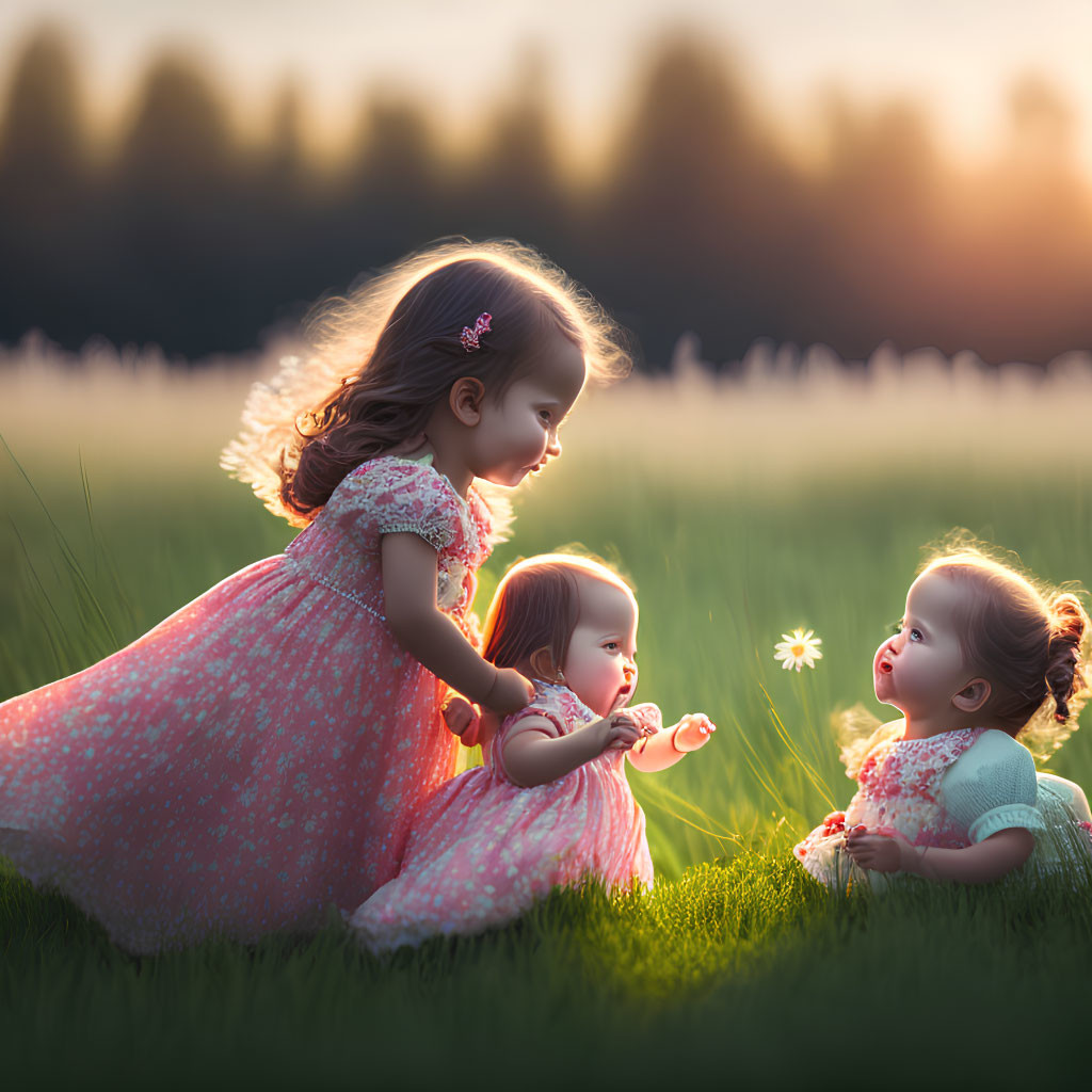 Three young girls in pink dresses in sunlit field, one standing and two sitting, one holding d