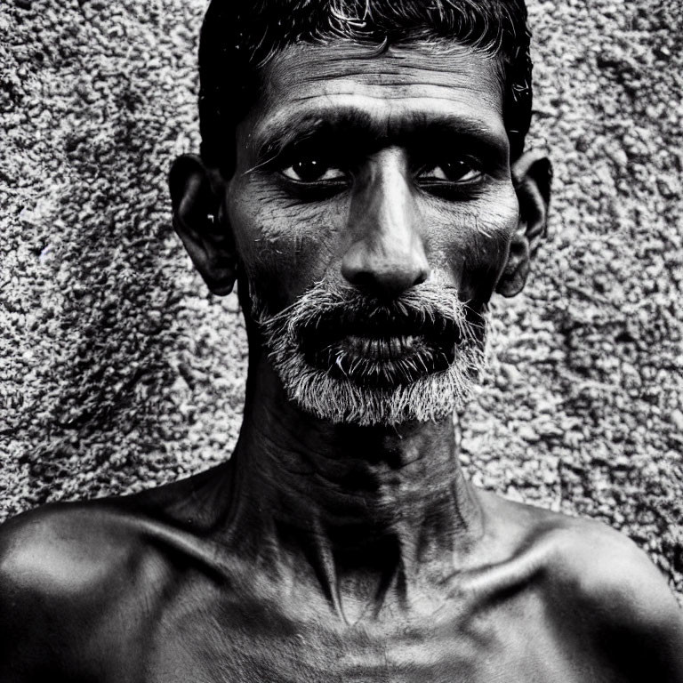 Monochrome portrait of intense man with beard and sharp cheekbones