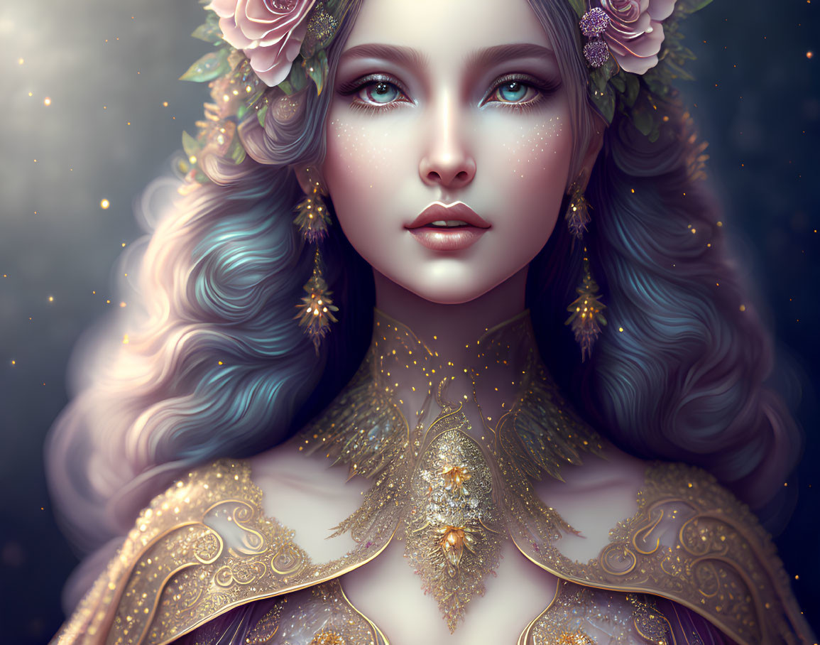 Fantasy-inspired portrait of a woman with pastel-colored hair and gold jewelry