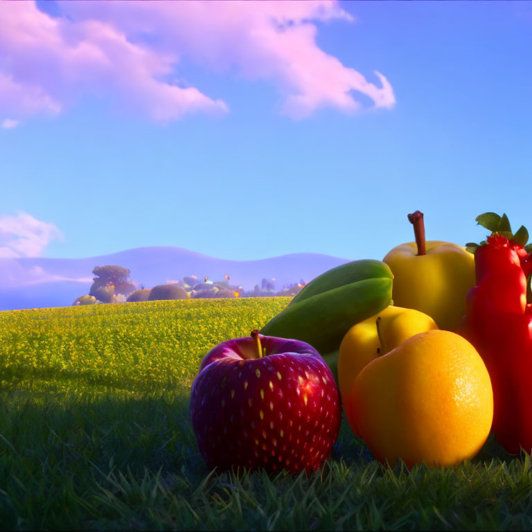 Assorted Textured Fruits on Grass Under Blue Sky