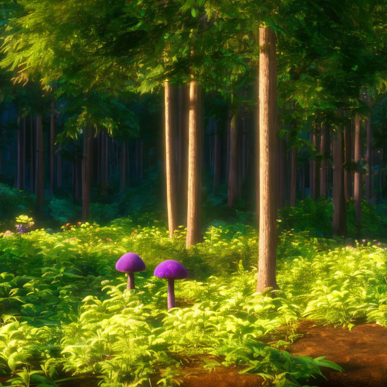 Tranquil forest landscape with vibrant purple mushrooms and sunlight filtering through trees