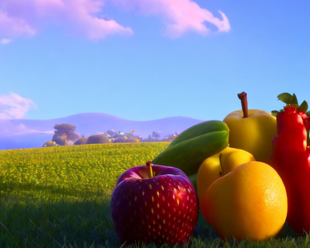 Assorted Textured Fruits on Grass Under Blue Sky