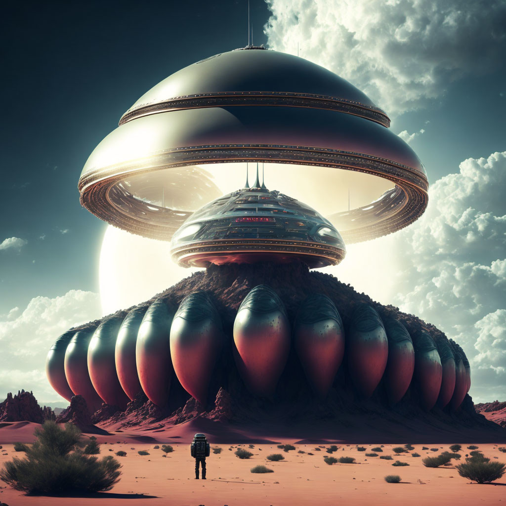 Futuristic spaceship with spherical sections in desert