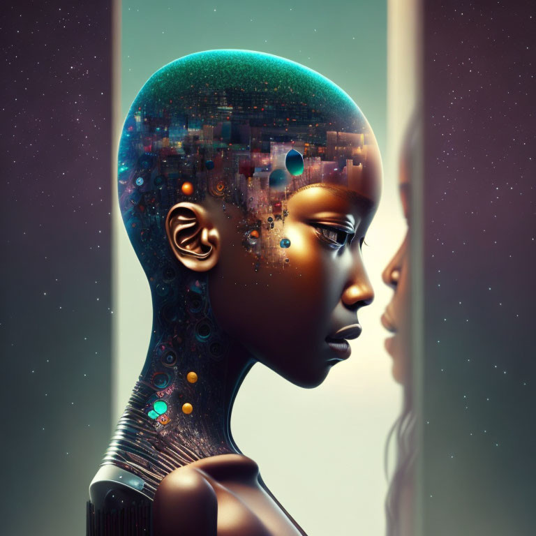 Surreal humanoid figure with transparent head showing cityscape and cosmic elements