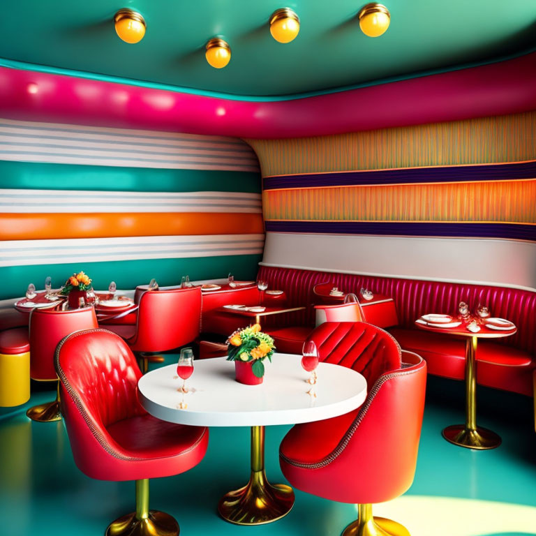 Colorful Retro-Style Diner with Striped Walls and Red Leather Seats