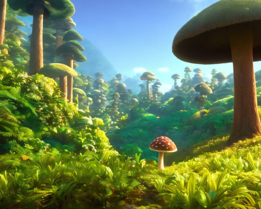 Enchanting forest scene with towering mushrooms and lush greenery