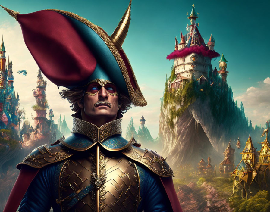 Regal figure in tricorn hat and armor in fantastical landscape.