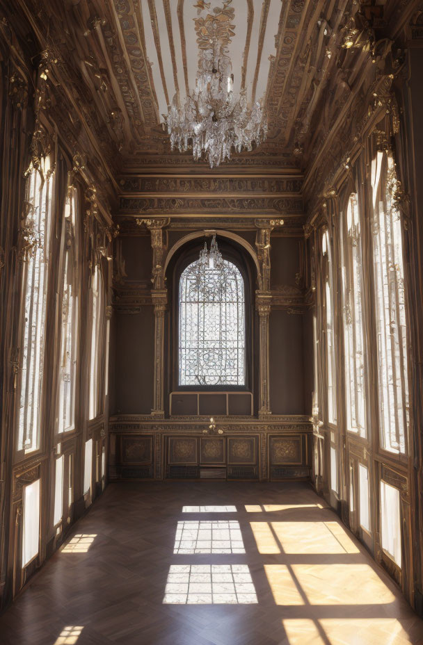 Elegant room with tall windows, crystal chandelier, intricate wall panels, and patterned floor