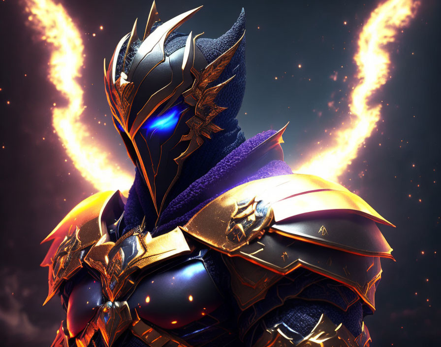 Golden-armored knight with blue visor and fiery wings on dark background