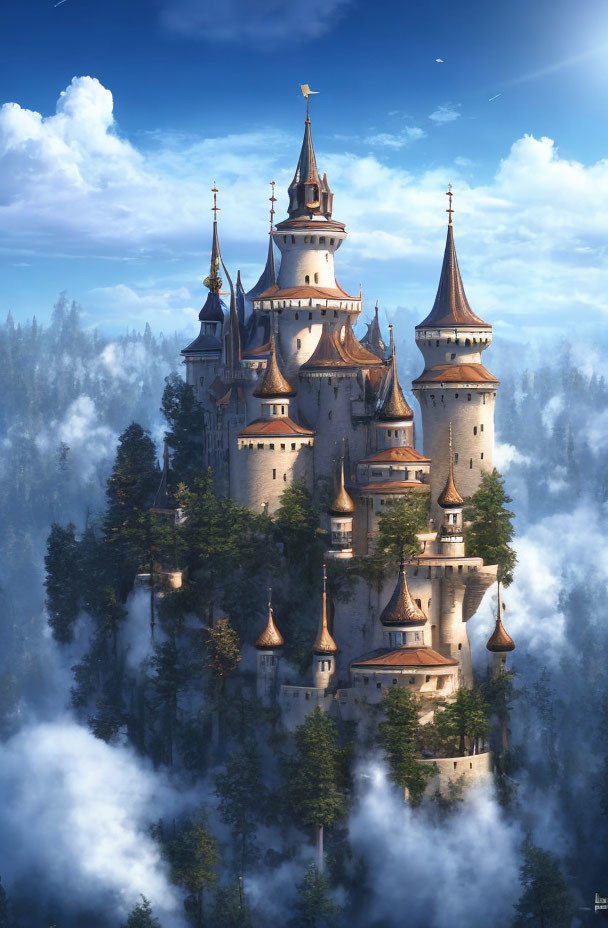 Majestic fantasy castle in misty forest with spires and towers