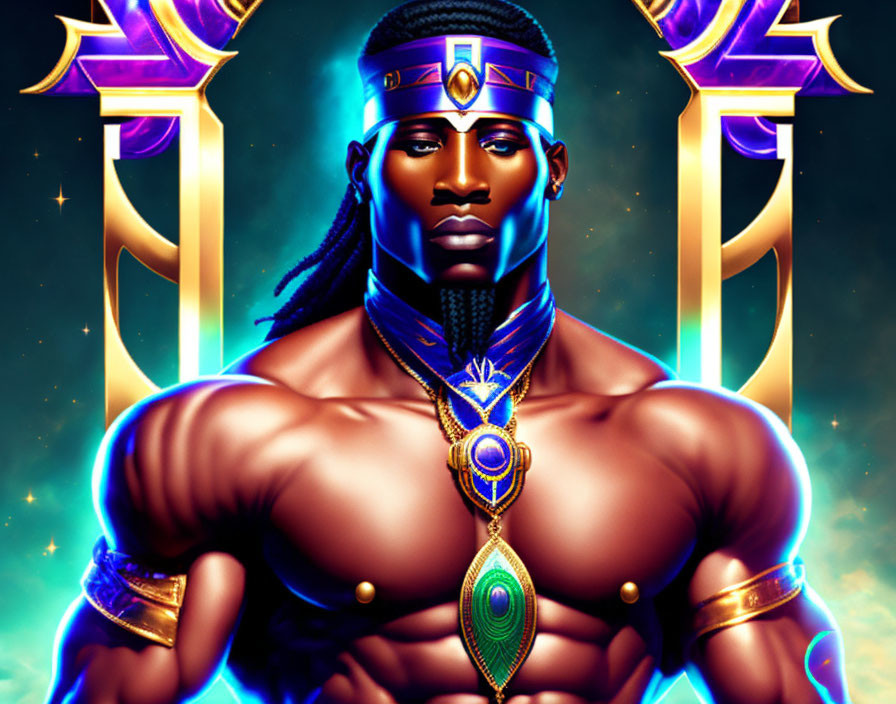 Regal dark-skinned man in golden crown against cosmic backdrop