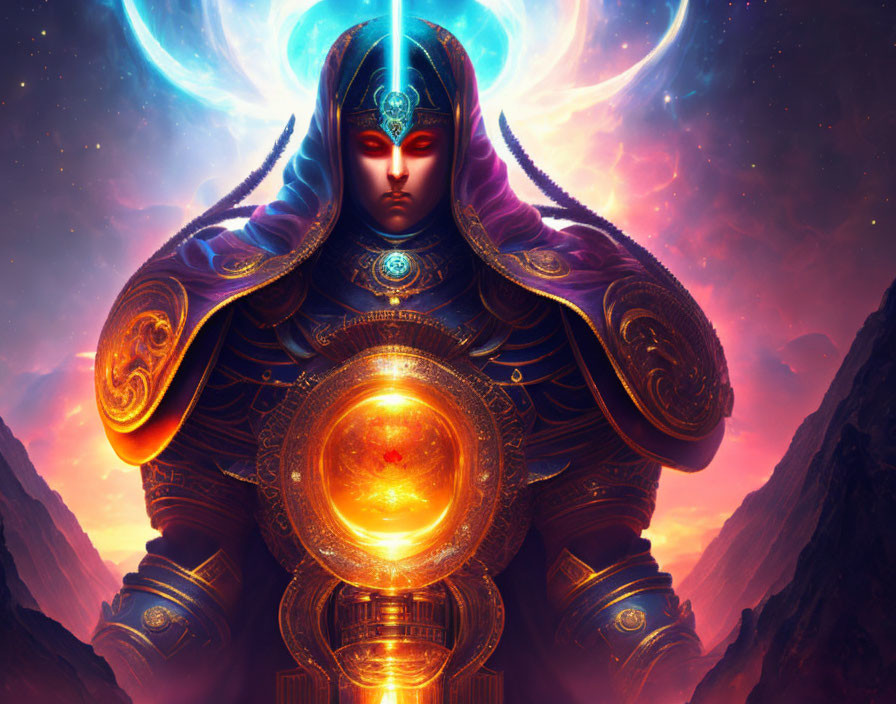 Armored figure with glowing eyes holding luminous orb in celestial eclipse backdrop