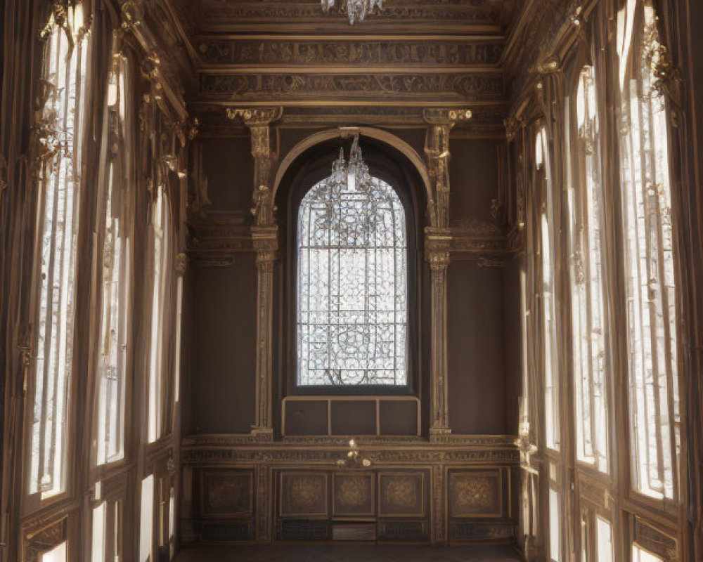 Elegant room with tall windows, crystal chandelier, intricate wall panels, and patterned floor