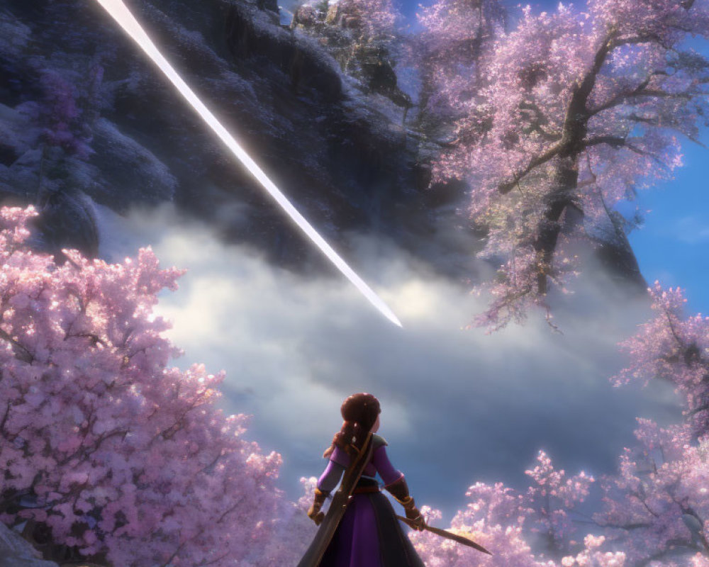 Character with sword in cherry blossom scenery under mountain cliff with streak in sky