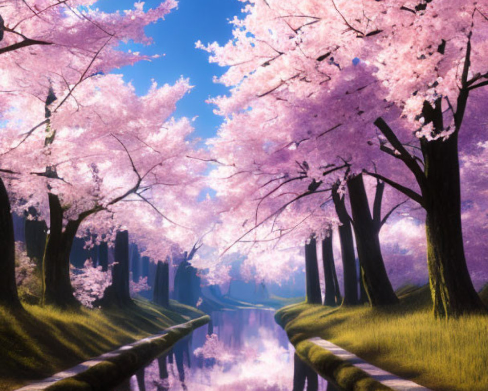 Tranquil water canal with vibrant pink cherry blossoms and lush green grass