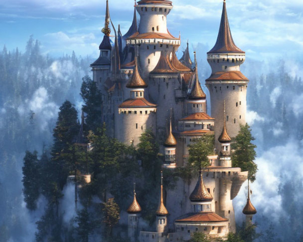 Majestic fantasy castle in misty forest with spires and towers