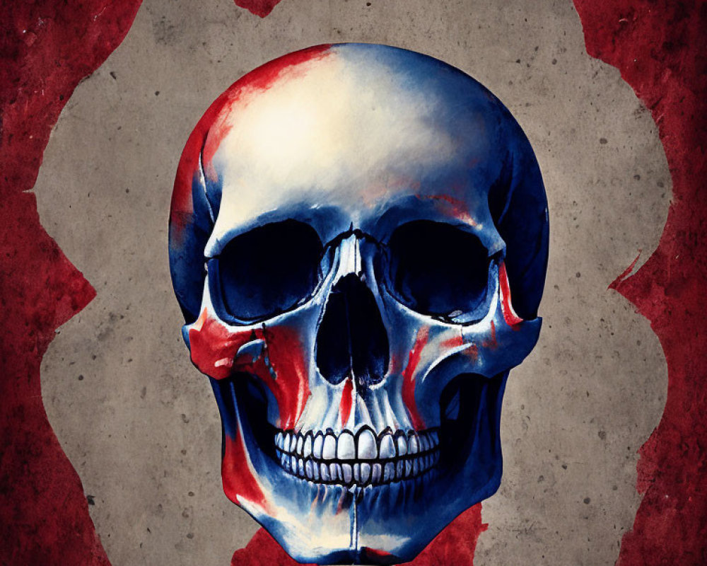 Skull painted with split French flag colors on grungy background