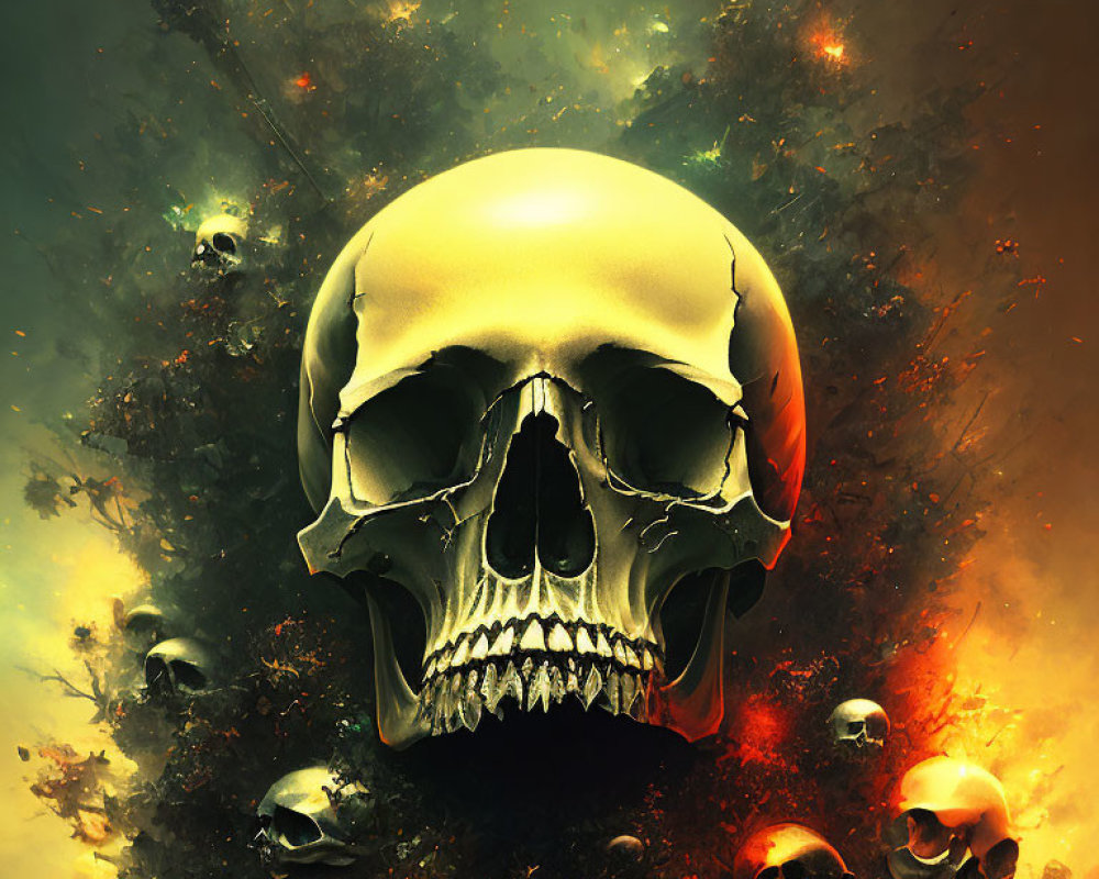 Digital Artwork: Central Skull Surrounded by Small Skulls in Fiery Background