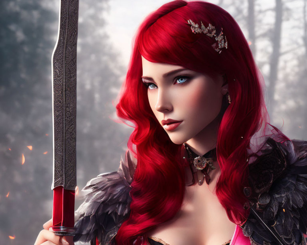 Vibrant red-haired woman with sword in misty forest setting