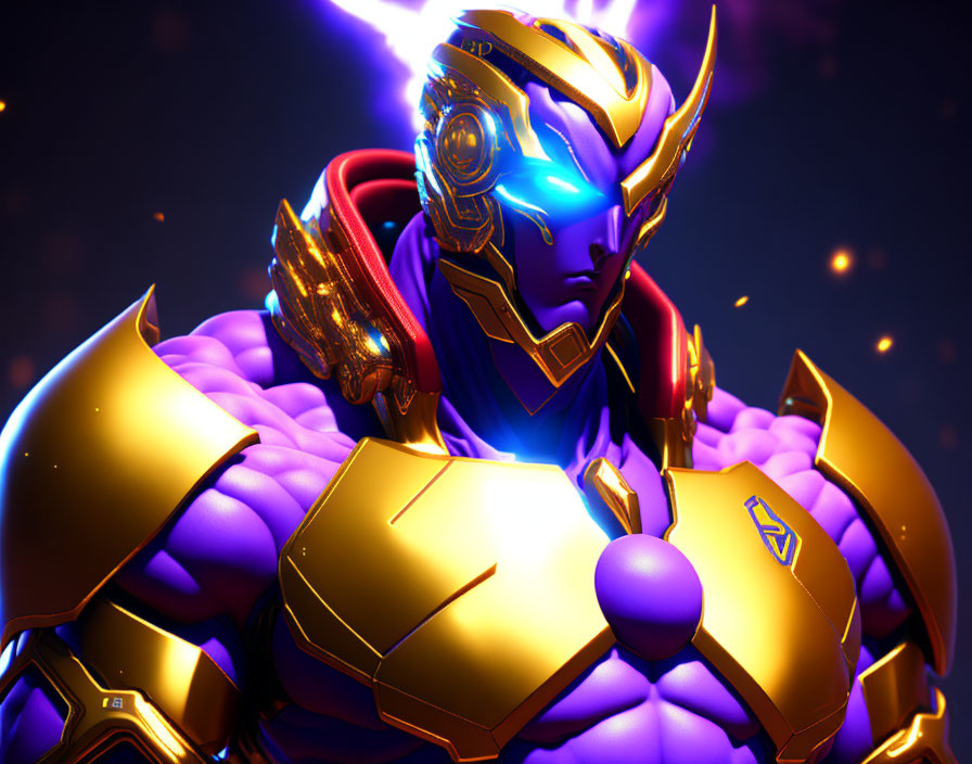 Digital character art: Gold and purple armor with glowing blue visor on fiery background