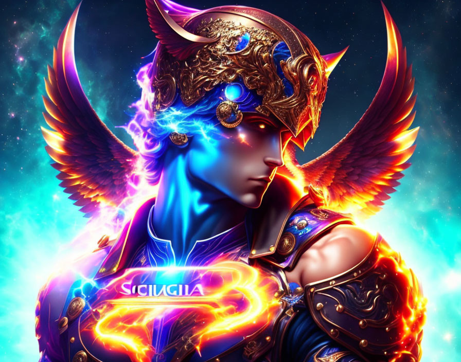 Digital artwork: Stylized character with glowing blue skin and ornate golden armor