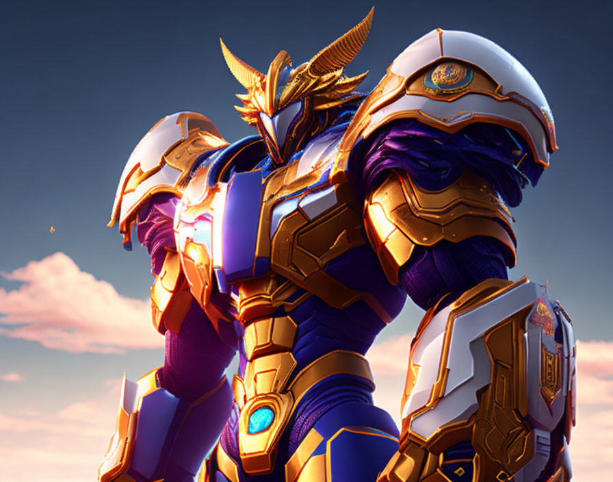 Detailed Illustration: Character in Gold & White Futuristic Armor with Winged Helmet in Sunset Sky