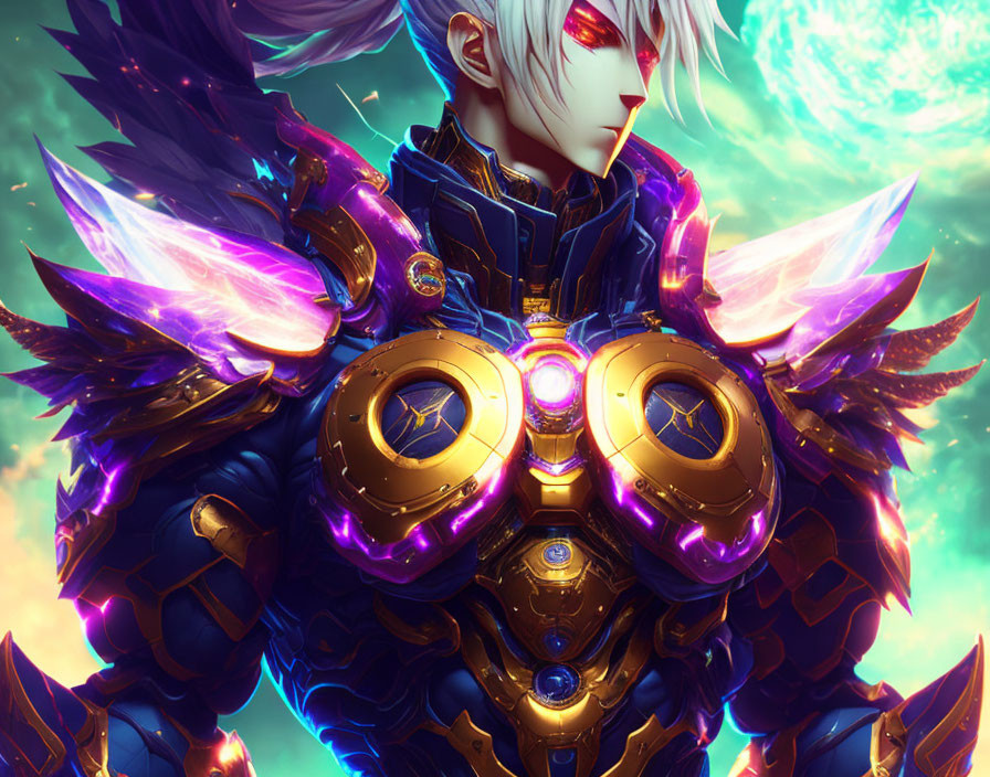 Armored character with purple accents and white hair in vibrant illustration