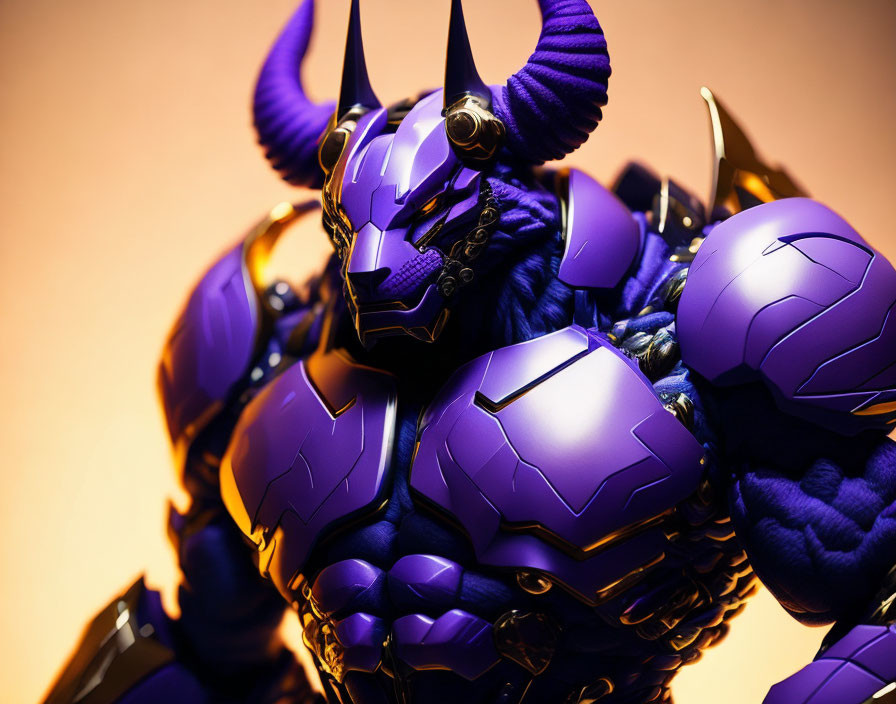 Detailed purple and black armored figure with horns and glowing eyes on orange backdrop