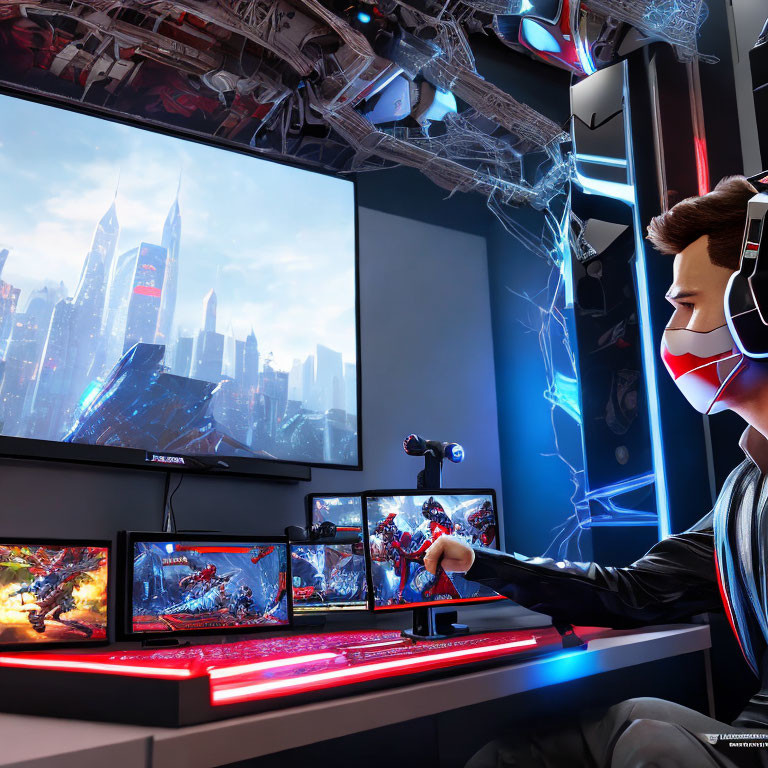 Futuristic mask at advanced gaming setup with vibrant screens