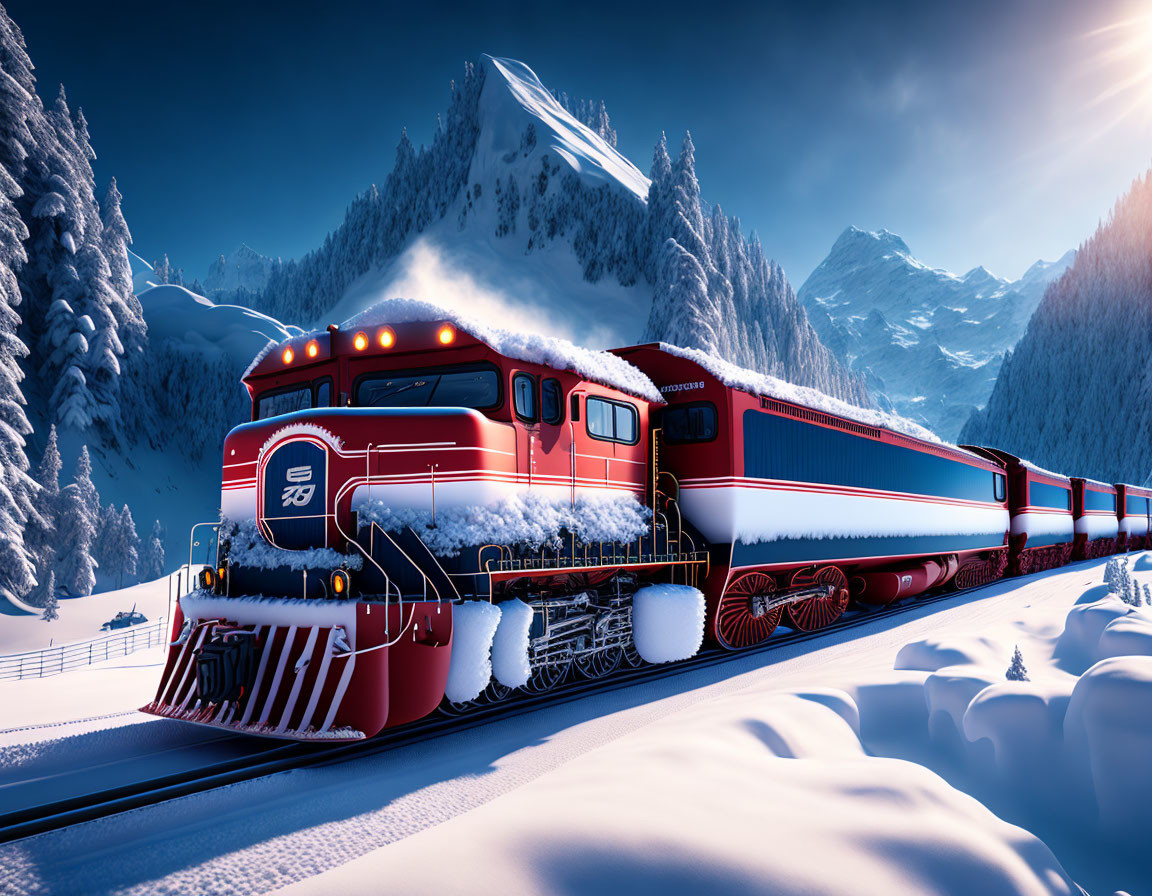 Red train in snowy landscape with mountains and pine trees under blue sky