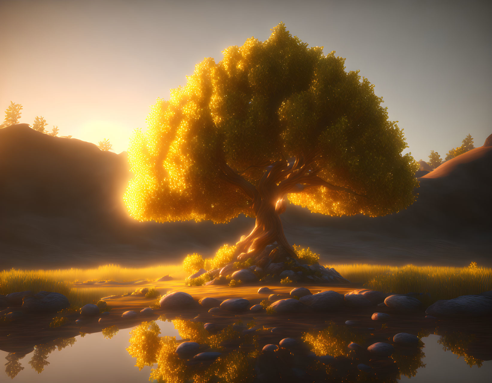 Illuminated tree with dense canopy reflected in tranquil water at dusk