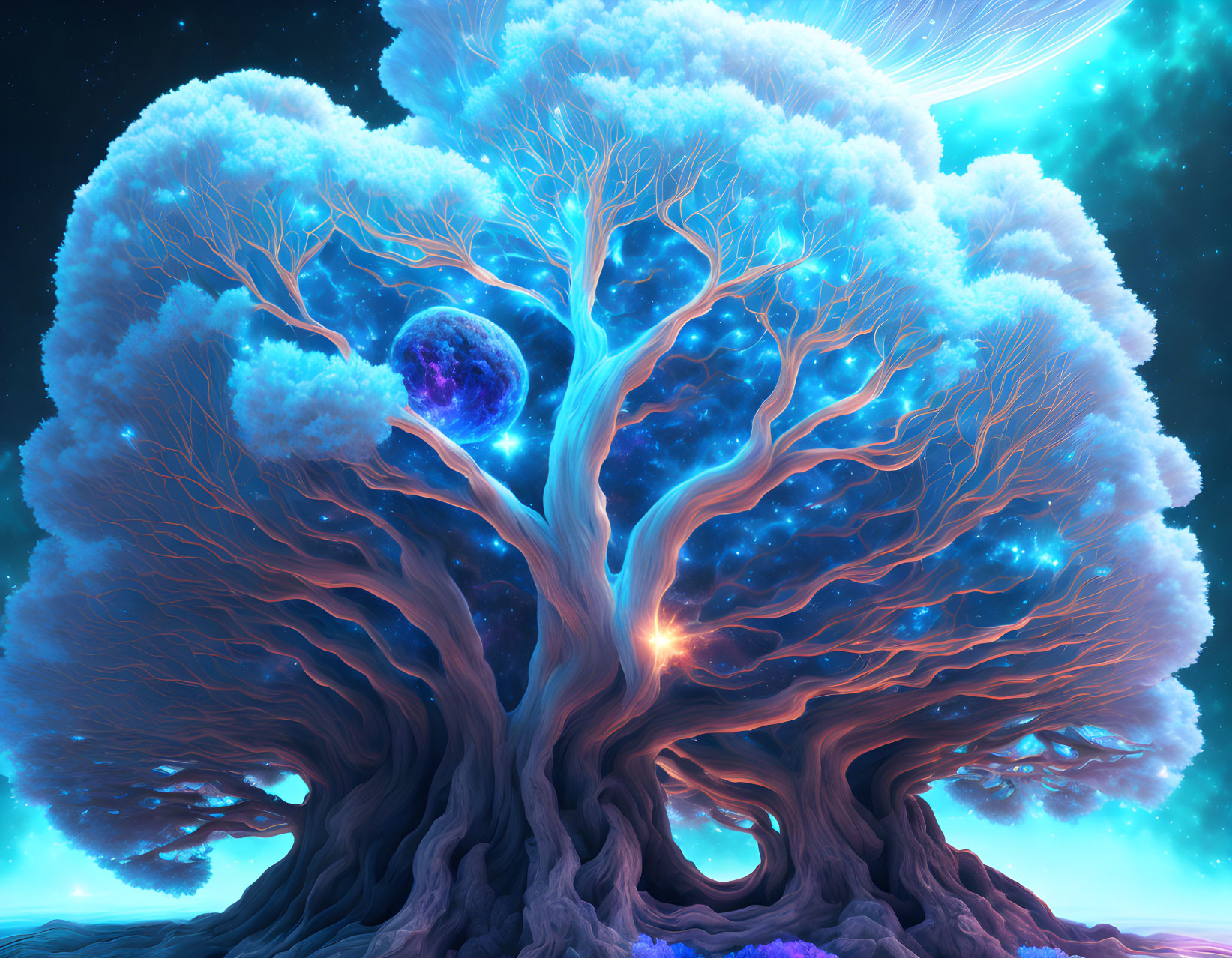 Fantasy illustration of colossal tree with glowing branches and celestial sky.