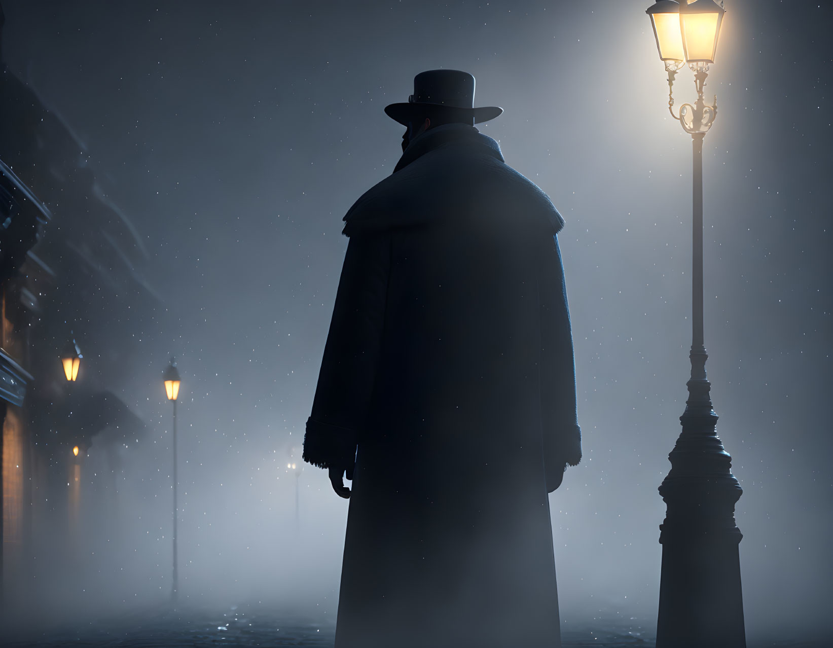 Mysterious figure in coat and hat by streetlamp on foggy night