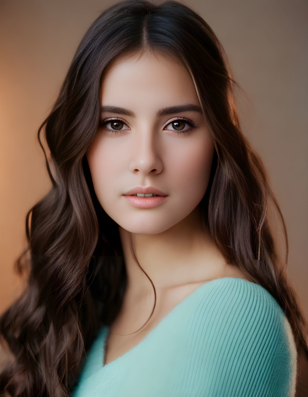 Young woman portrait with long wavy hair and brown eyes in teal top