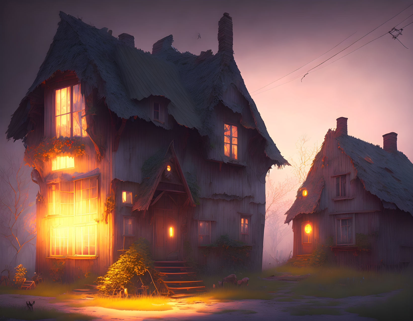 Twilight scene: Two cottages with glowing windows in serene setting