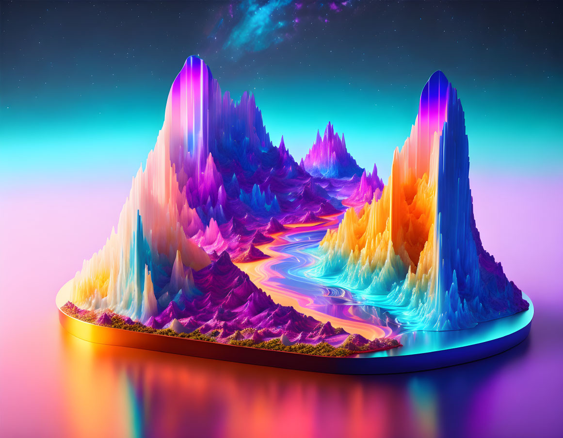 Colorful Surreal Landscape with Multicolored Mountains, River, and Starry Sky