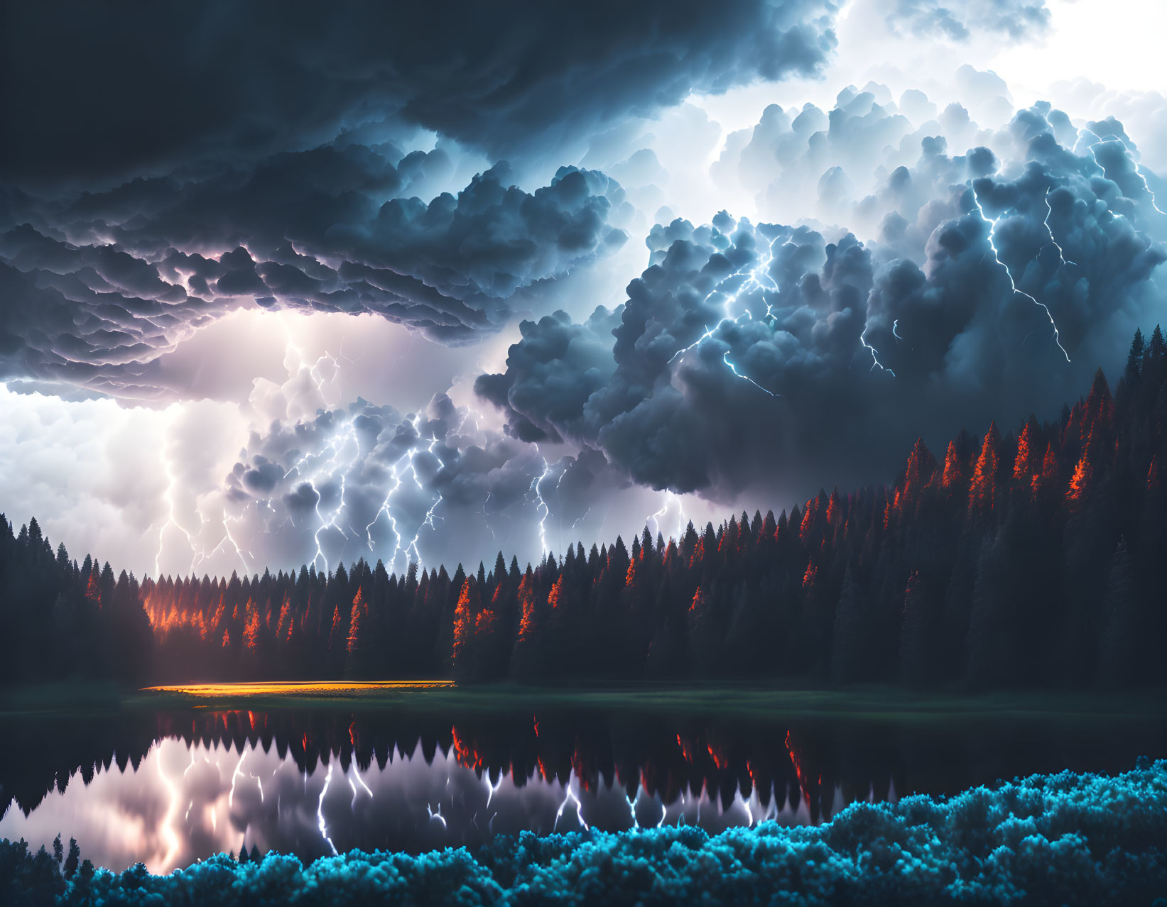 Stormy sky over forest and lake with lightning.