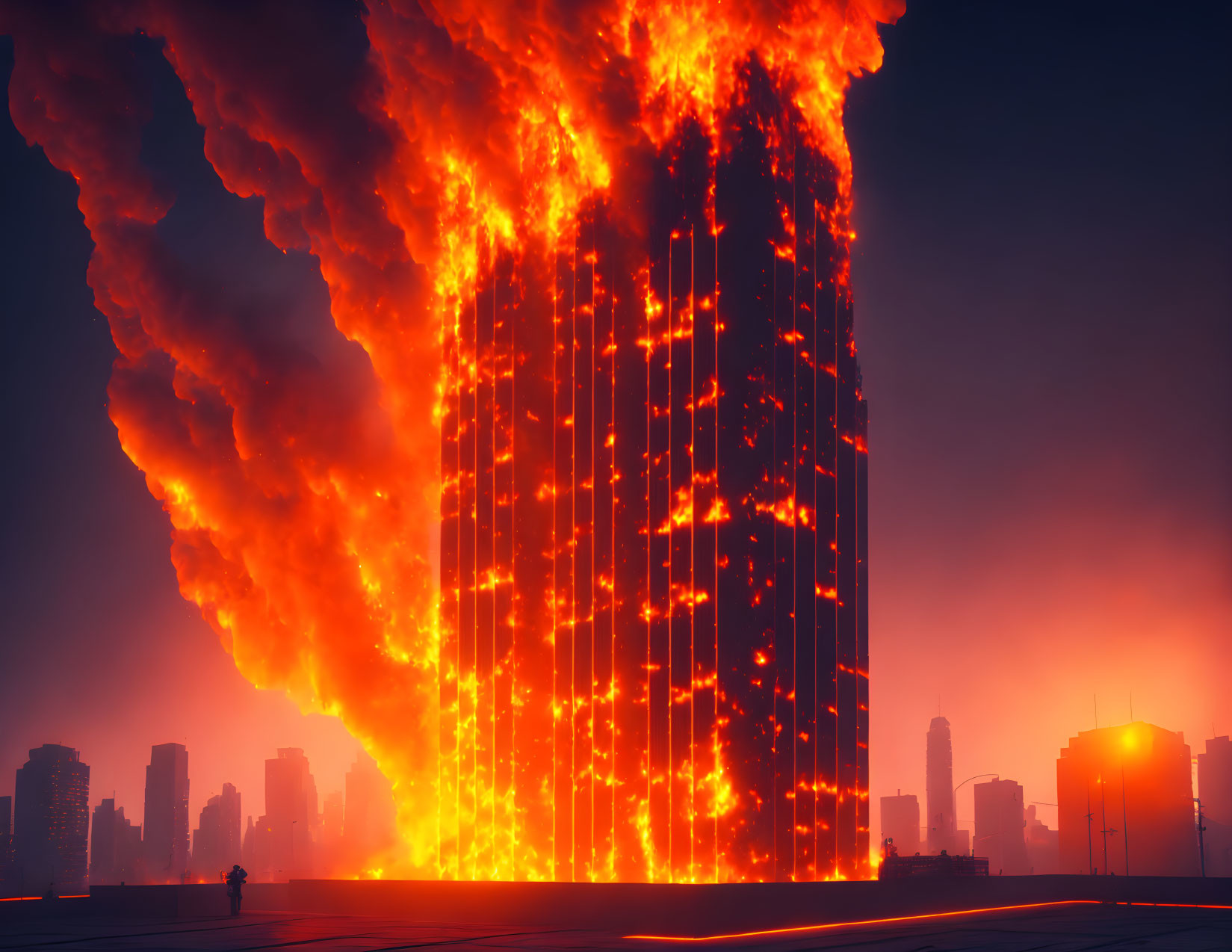 Skyscraper engulfed in flames against cityscape at twilight